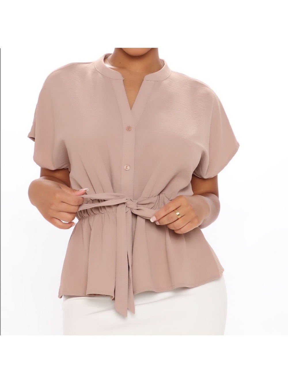 Tie-Waist Blouse in Blush Taupe - Women Tops